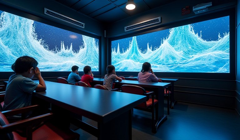 孩童戴著防護頭套在地震車內練習趴下掩護與穩住