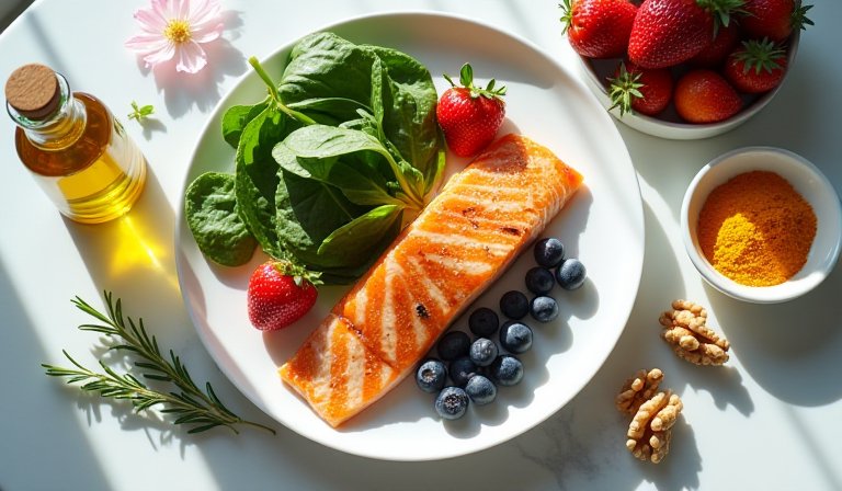 木桌上擺放著糙米、地瓜、馬鈴薯等未精製澱粉食物。