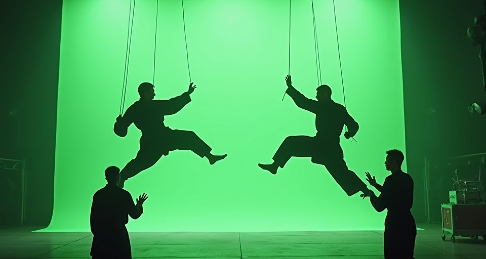 演員在特製長型跑步機上奔跑，模擬輕功穿梭城市的動作捕捉。