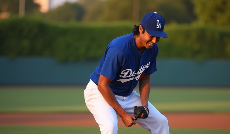 佐佐木朗希身穿道奇球衣全力投球，最終成功奪得首勝。