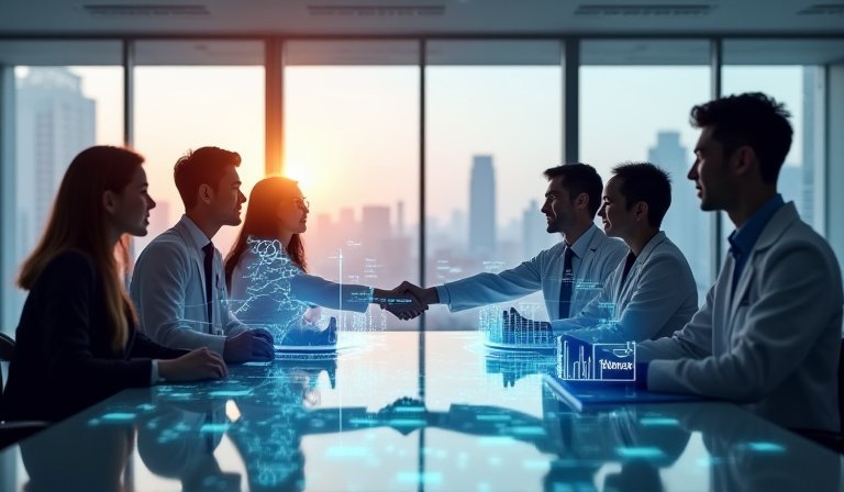 醫療專業人員運用數位介面分析臨床數據與新藥評估流程。