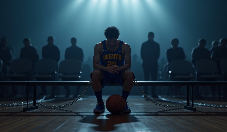 希爾德穿著溜馬球衣坐在板凳席，神情嚴肅反映上場受限