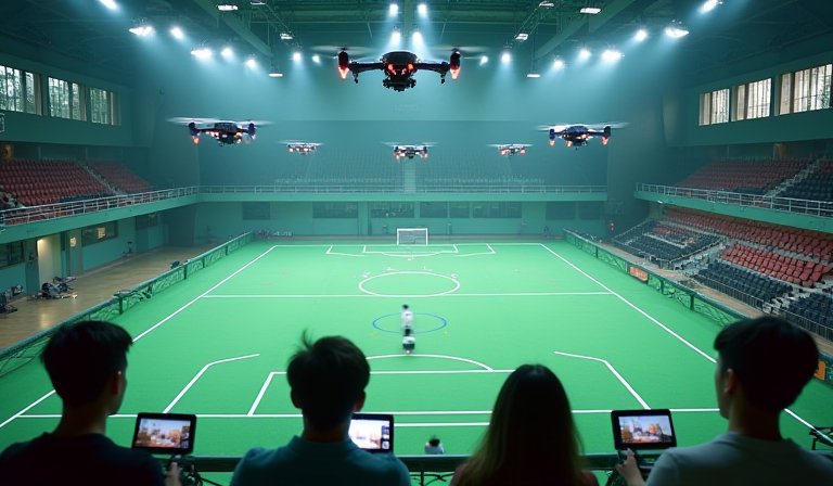 教師於培訓現場操控球形無人機進行進攻模擬練習。