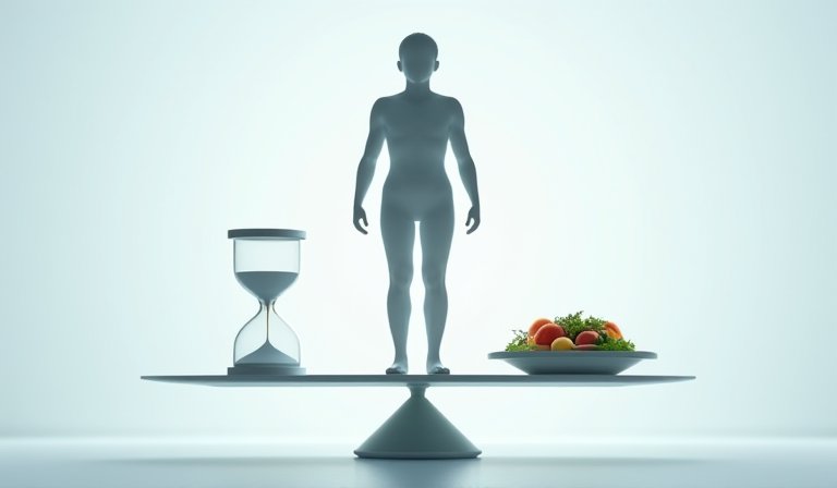 鬧鐘與新鮮蔬果餐盤，呈現間歇性斷食進食與熱量控制。