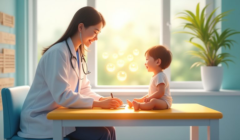 醫師在診所為孩童進行健康檢查，專業評估成長狀況。