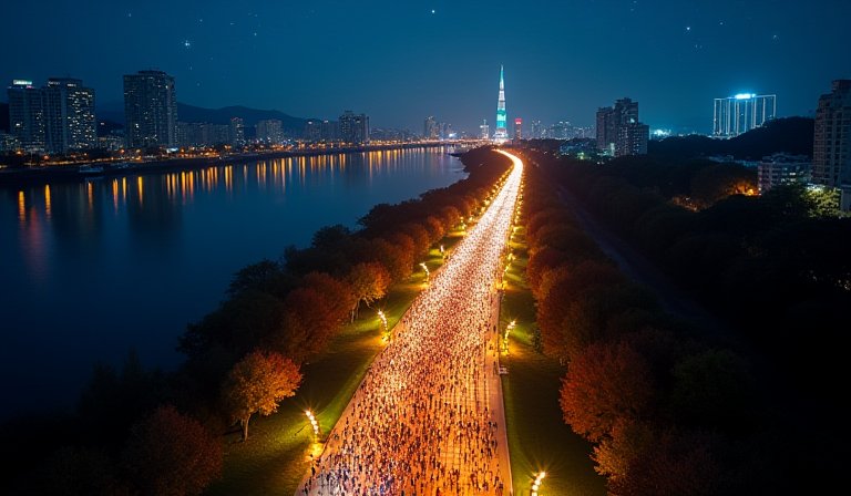 跑者在大佳河濱公園星光燈火下參與華航馬拉松夜跑