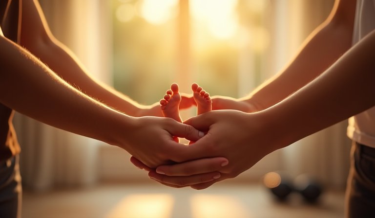 王齊麟溫柔抱著新生兒，流露奧運金牌國手的慈父柔情。