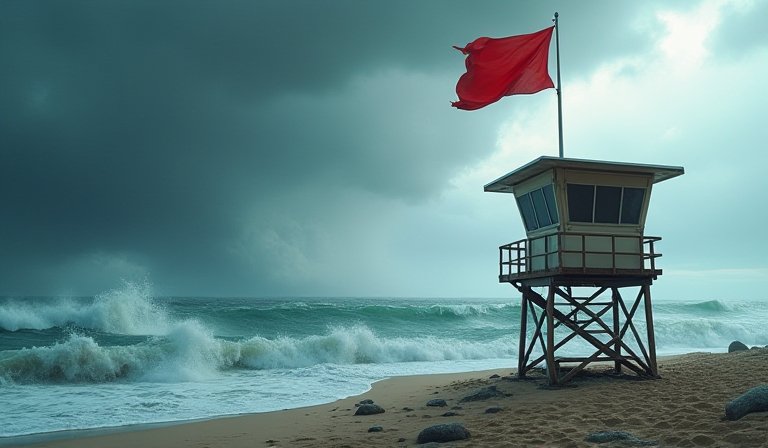 泳灘岸邊懸掛紅色警告旗幟，海面波濤洶湧且浪花翻騰。