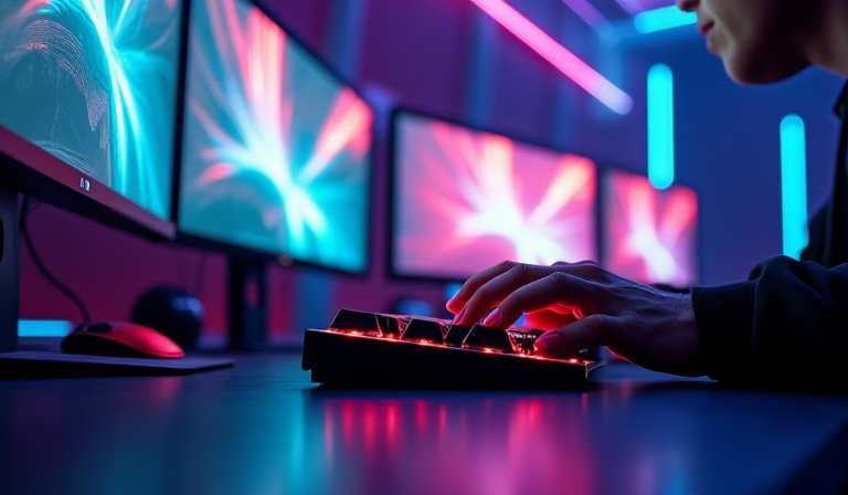 專業玩家佩戴具有發光效果的電競耳機專注投入比賽。