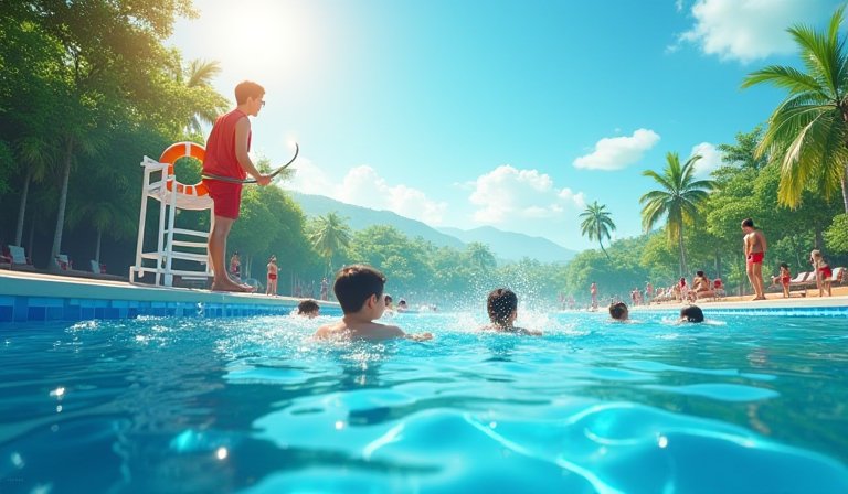 救生員在台東活水湖岸邊駐守，守護遊客夏季戲水安全