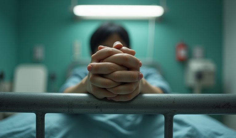 李陳鎬因腦出血於加護病房昏迷，身旁圍繞醫療監測設備。