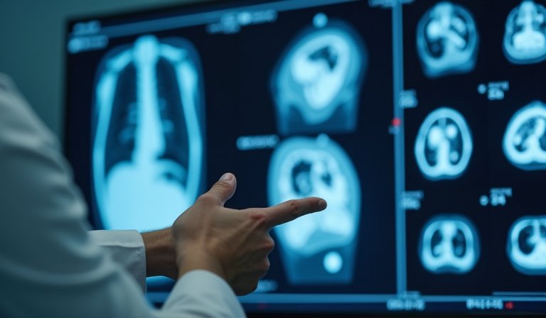 醫師檢視電腦斷層掃描影像，分析肺癌早期篩檢與確診數據。