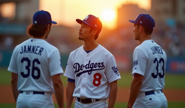 山本由伸、佐佐木朗希與大谷翔平身穿道奇球衣投球