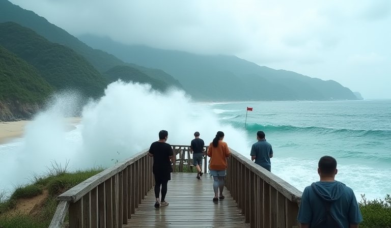 洪聖爺灣泳灘岸邊懸掛紅旗，海面上翻起陣陣白色巨浪。