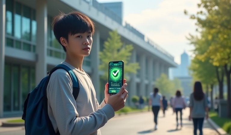 民眾在校門口出示手機顯示的健保快易通疫苗數位證明。