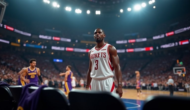 火箭隊杜蘭特在湖人隊史馬特的防守下，於禁區持球進攻。