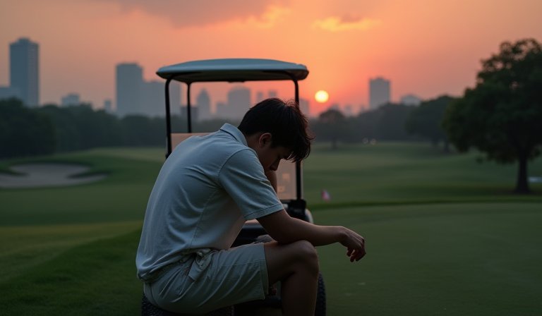 球僮背著沈重球袋，在烈日下高爾夫球場步行的勞動景象。