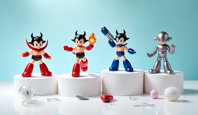 原子小金剛腳底噴射火焰起飛，展現精緻的動態模型細節