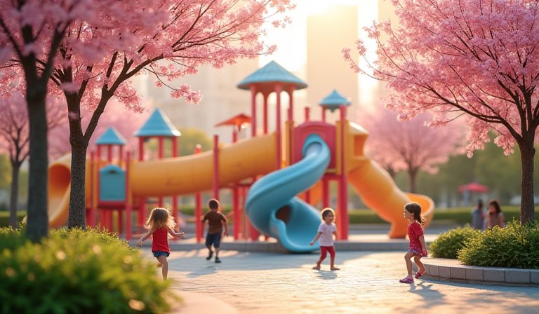兒童在桃園特色公園的森林遊戲場體驗自然探索設施。
