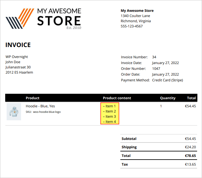 A screenshot that display an invoice and highlight the Product description column