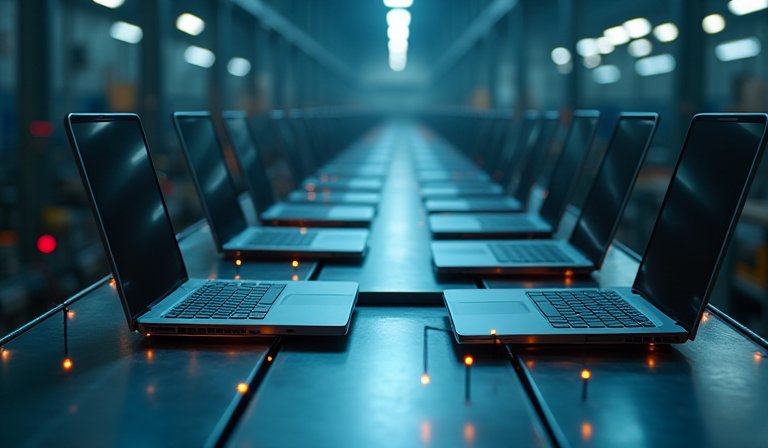 筆記型電腦主機板上排列整齊的記憶體晶片與電子零件