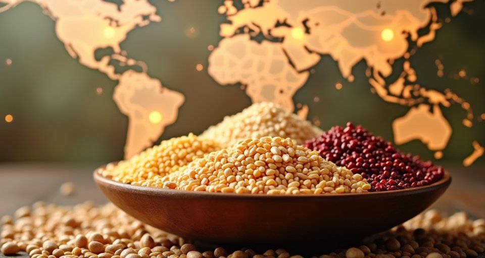 多樣色澤鮮明的有機小米與豆類雜糧準備裝箱外銷。