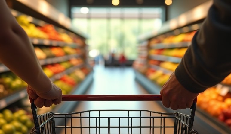 超市入口顯眼處整齊陳列著色彩鮮豔的新鮮蔬果與食材。