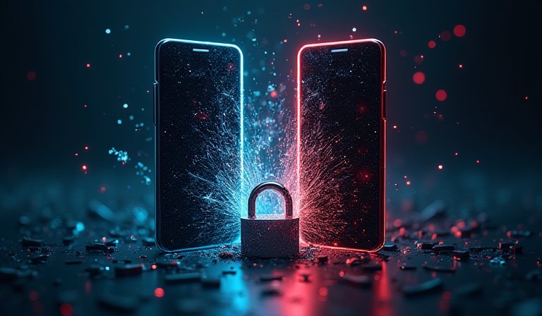 智慧型手機顯示紅色資安威脅警告，背景為數位程式碼