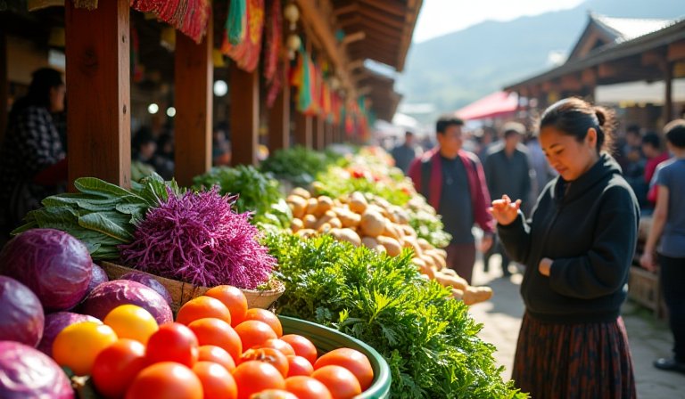 泰雅族人在北門市場攤位展示產地直送的高山無毒蔬菜。