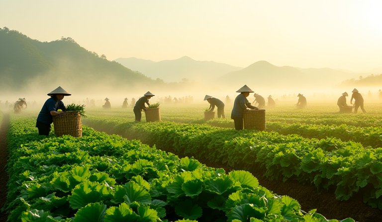 農民在福州南通鎮菜田忙碌採收並分裝新鮮蔬菜。