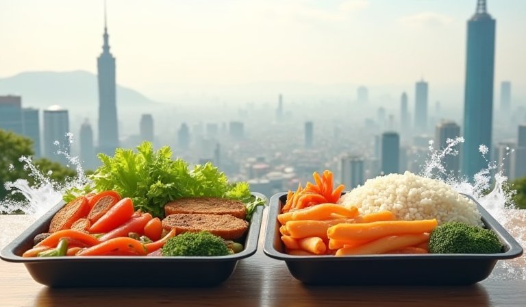 擺放豐盛主食、青菜與肉類的校園營養午餐餐盤。