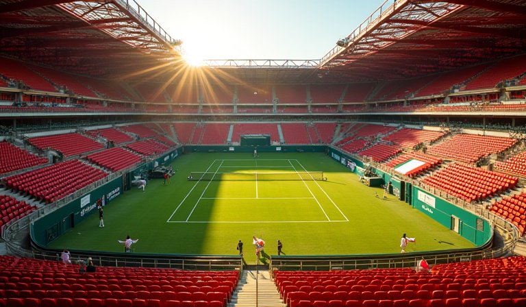 米蘭聖西羅球場改建為草地網球場，呈現宏偉比賽氛圍。