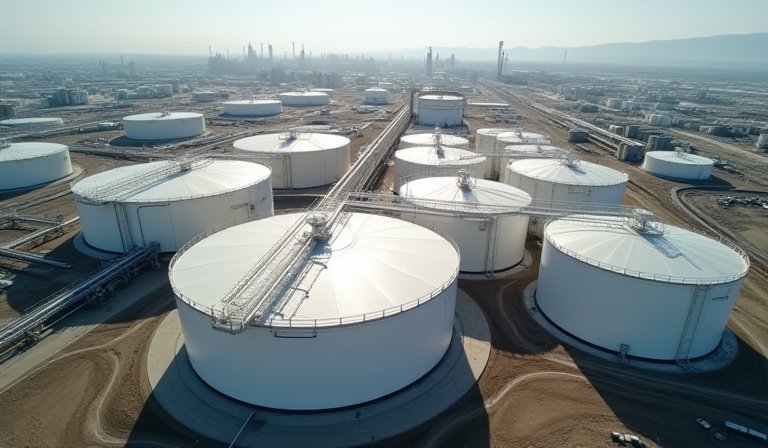 美國戰略儲備基地中整齊堆放的大量原油桶。