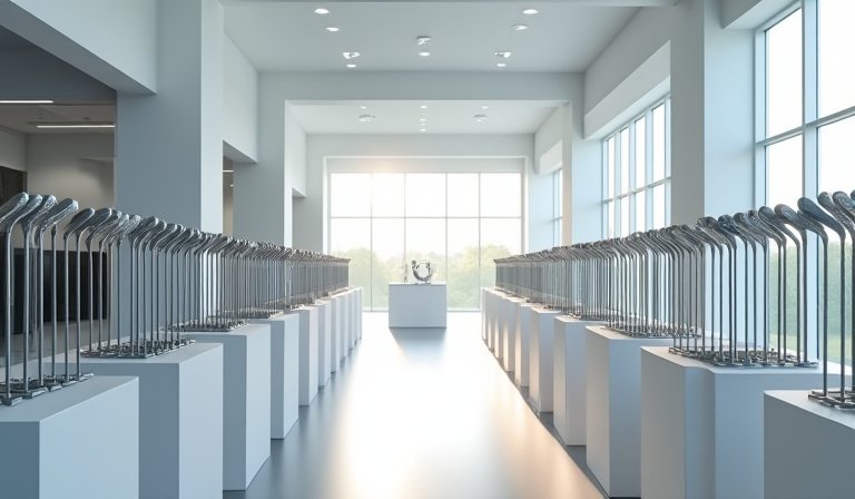 陽光照耀的綠色果嶺上，擺放著精緻的高爾夫球桿與球。