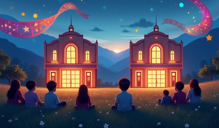 孩童在影廳專注觀賞大銀幕，沈浸於台灣國際兒童影展的精彩故事。