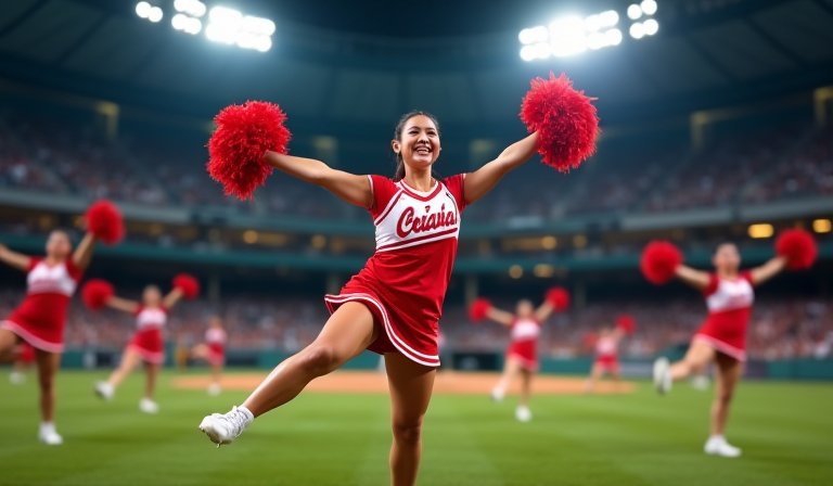 樂天女孩筠熹在球場熱力舞動，展現專業自信的應援姿態。