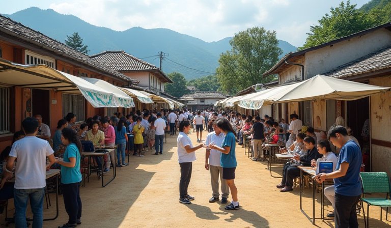 護理系師生在美濃社區為長者量測血壓與提供衛教服務。