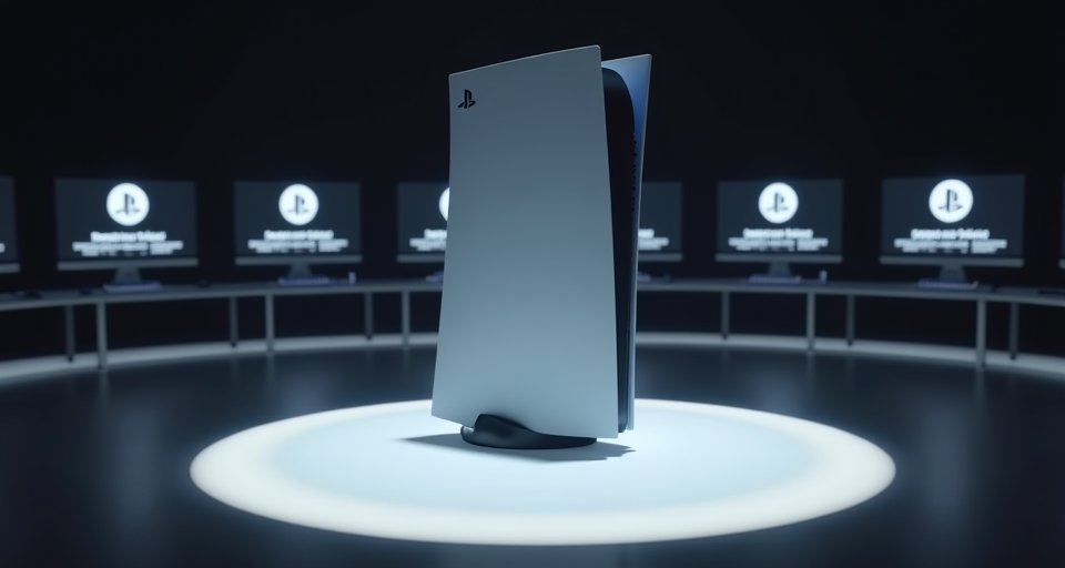 白色 PS5 主機、手把與正在顯示動作遊戲的螢幕。
