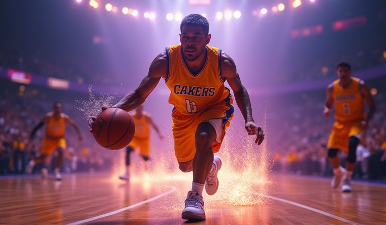 詹姆斯身穿湖人球衣在賽場運球，帶領球隊奪下三連勝。