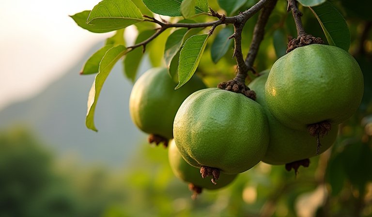 農田藤蔓下懸掛著表皮具有深溝紋路的淡綠色佛手瓜。