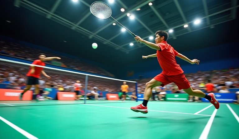 羽球選手於場上奮力揮拍，多組球員在體育館內展開對決。