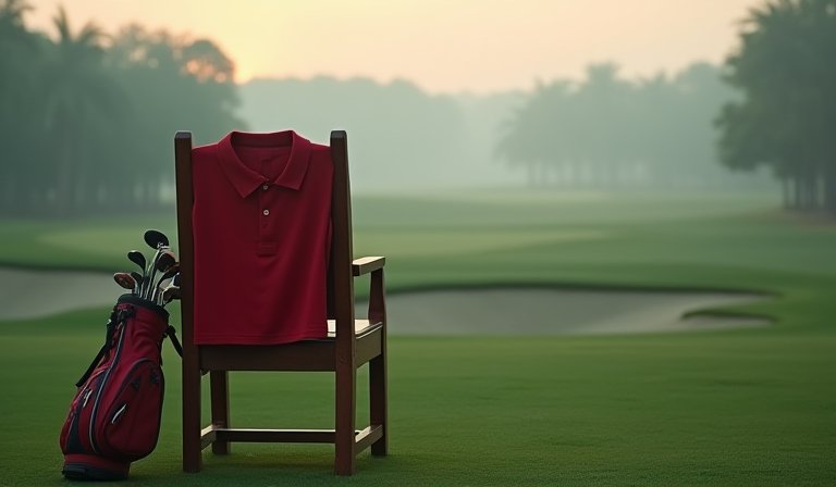 泰格伍茲穿著高爾夫球服站在草坪，神情凝重地凝視遠方。