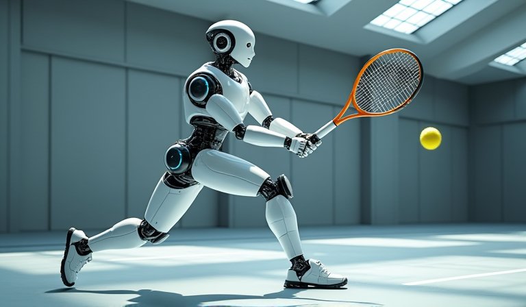 銀河通用人形機器人在網球場展示精準揮拍與回擊動作。