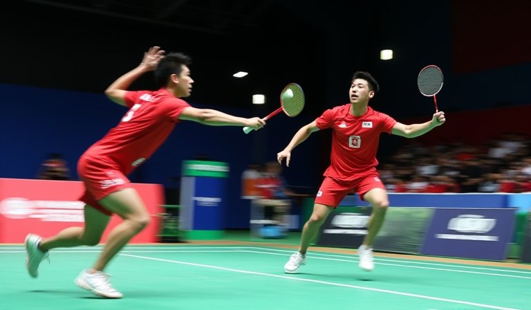 羽球男雙選手李洋與李哲輝在亞運賽場上奮力回擊。