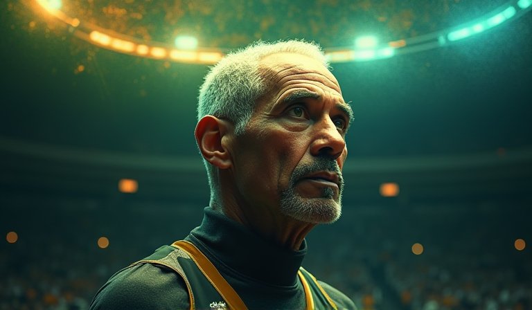 巴西傳奇施密特身穿經典球衣，展現神之手投籃英姿。