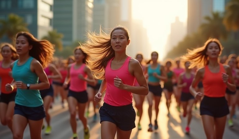 眾多女性跑者在台北大佳河濱公園賽道，展現自信風採。