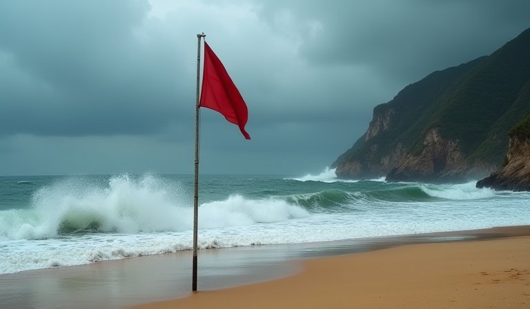 海灘上懸掛紅色警告旗，海面波濤洶湧並掀起大浪。