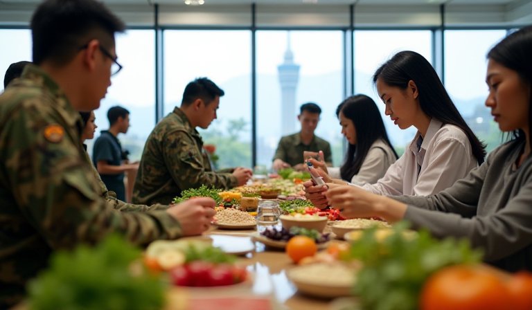 營養師向官兵示範健康餐盤，包含雞胸肉與豐富蔬菜。