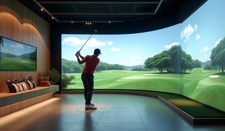 民眾在室內高爾夫旗艦館對著 4K 投影大螢幕練習揮桿
