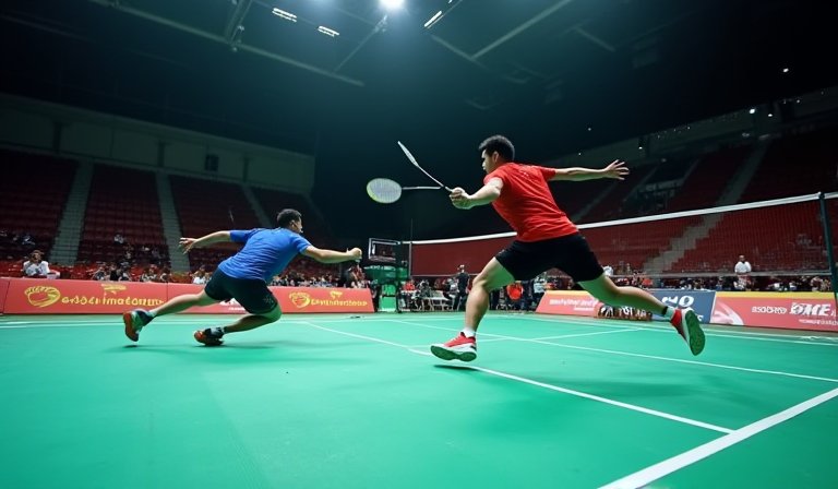 周天成於羽球亞錦賽中奮力殺球，展現精湛的進攻技術。